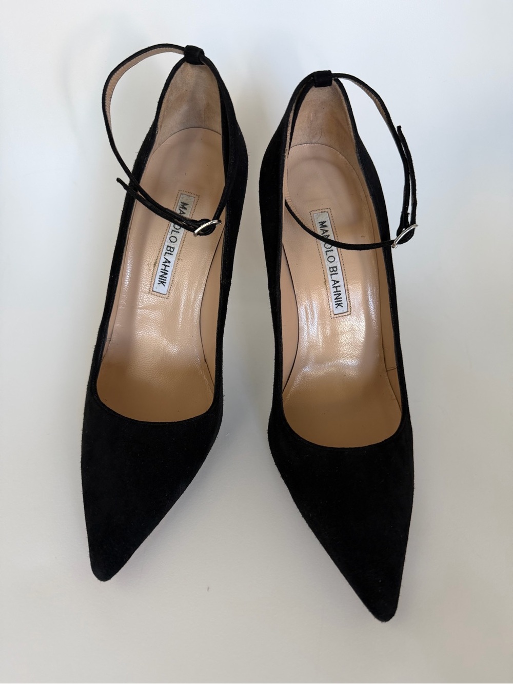 Manolo Blahnik Black Suede Pointed Ankle-Strap Tora Pumps (Authentic)